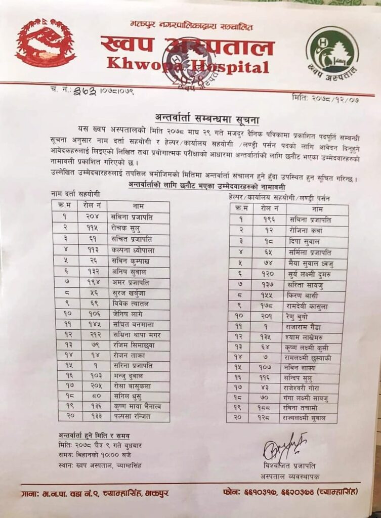नाम दर्ता सहयोगी र हेल्पर/का.स/लण्ड्री पर्सन पदको अन्तर्वार्ता सम्बन्धी सूचना !! 