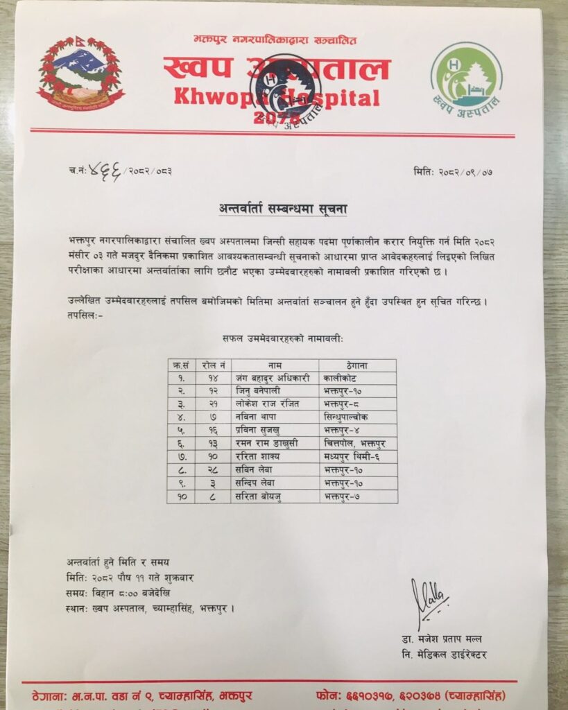 inteview result khwopa hospital